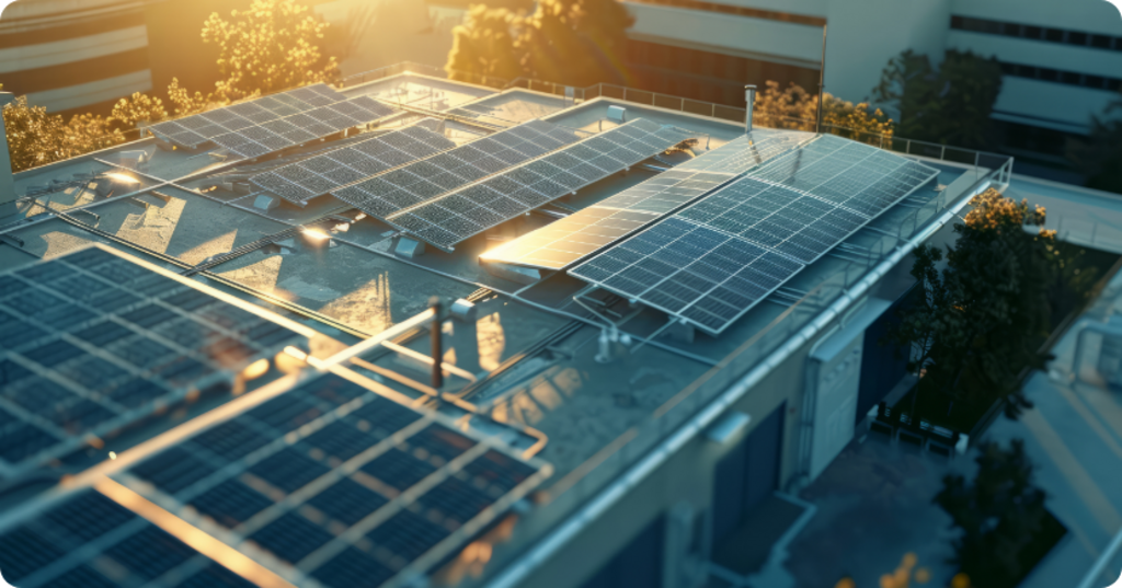 Photovoltaikinstallation auf Industriegebäude in der Abendsonne